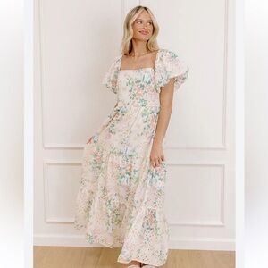 One Loved Babe Floral Eyelet Puff Sleeve Dress Floral Print Maxi Dress Smocked